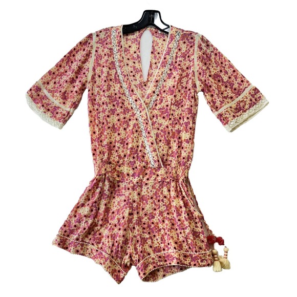 Poupette St Barth Pants - Poupette St. Barth Capri Romper Womens S Pink Floral Lace Trimmed Tassels Resort